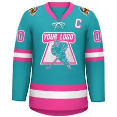 Aqua Pink-White Lace-Up Neck Hockey Jersey 3