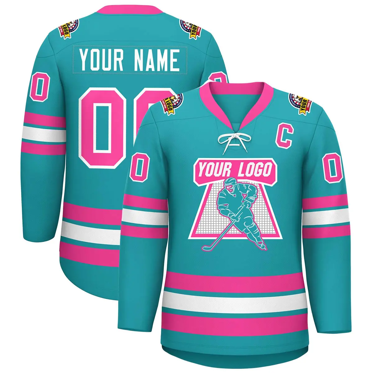 Aqua Pink-White Lace-Up Neck Hockey Jersey