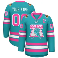 Aqua Pink-White Lace-Up Neck Hockey Jersey