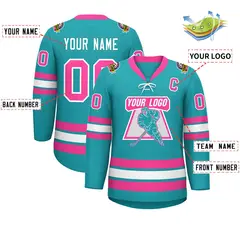 Aqua Pink-White Lace-Up Neck Hockey Jersey 2