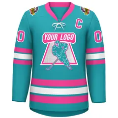Aqua Pink-White Lace-Up Neck Hockey Jersey 3