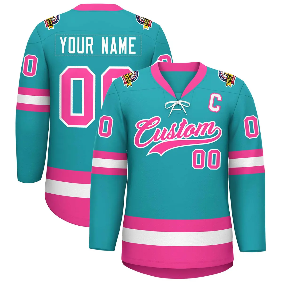 Aqua Pink-White Lace-Up Neck Hockey Jersey