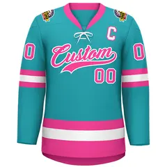 Aqua Pink-White Lace-Up Neck Hockey Jersey 3