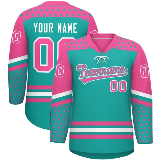 Aqua Pink White Star Series Lace-Up Neck Hockey Jersey