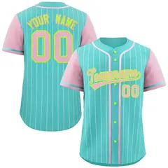 Aqua Pink-White Stripe Raglan Sleeves Baseball Jersey