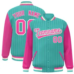 Aqua Pink-White Stripe Varsity Bomber Jacket Raglan Sleeves