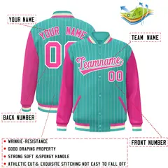 Aqua Pink-White Stripe Varsity Bomber Jacket Raglan Sleeves 2