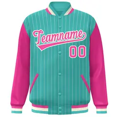 Aqua Pink-White Stripe Varsity Bomber Jacket Raglan Sleeves 3