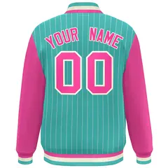 Aqua Pink-White Stripe Varsity Bomber Jacket Raglan Sleeves 4