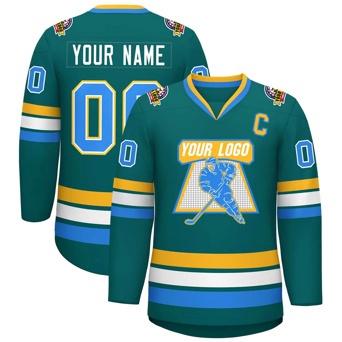 Aqua Powder Blue White-Gold Classic Hockey Jersey