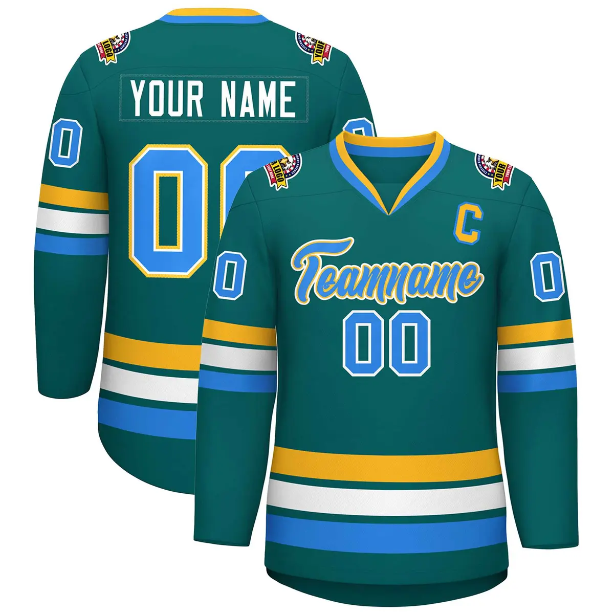 Aqua Powder Blue White-Gold Classic Hockey Jersey