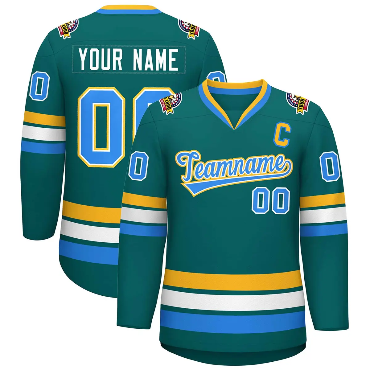 Aqua Powder Blue White-Gold Classic Hockey Jersey