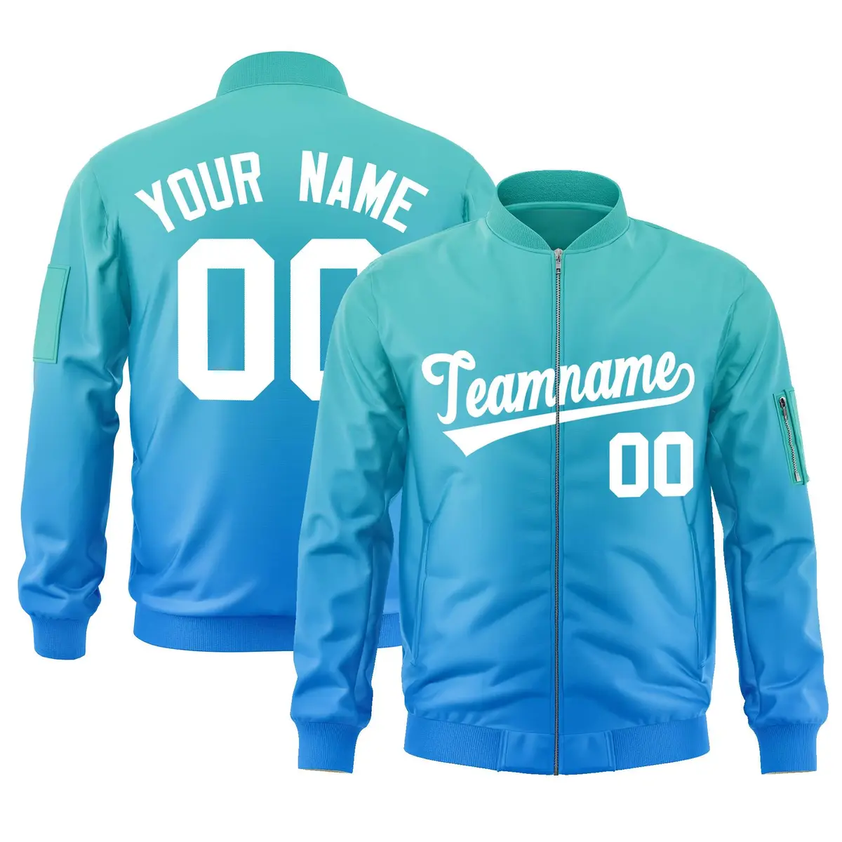 Aqua Powder Blue-White Gradient Varsity Letterman Bomber Jacket