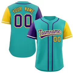 Aqua Purple and Gold Raglan Sleeves Baseball Jersey