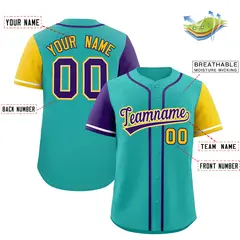 Aqua Purple and Gold Raglan Sleeves Baseball Jersey 2
