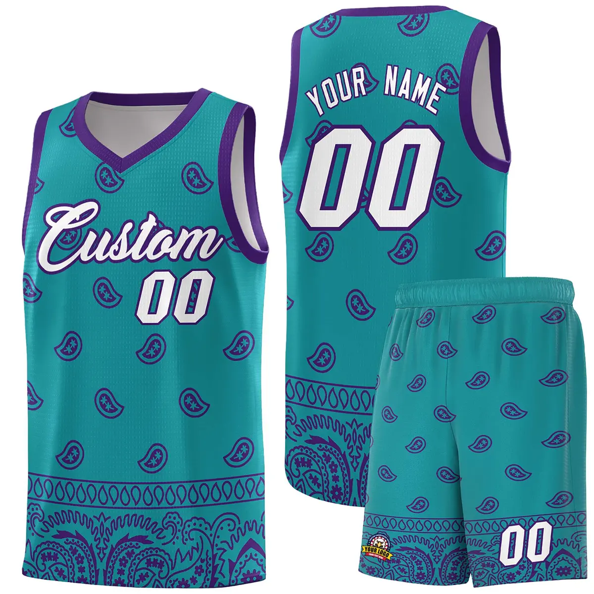 Aqua Purple Cashew Pattern Basketball Uniform Jersey