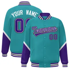 Aqua Purple Color Block Full-Snap Varsity Letterman Baseball Jacket