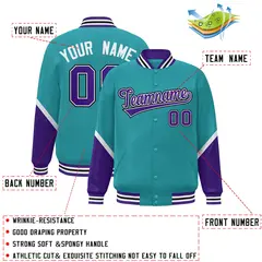 Aqua Purple Color Block Full-Snap Varsity Letterman Baseball Jacket 2