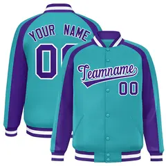 Aqua Purple Color Block Raglan Full-Snap Varsity Letterman Jacket 1