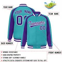 Aqua Purple Color Block Raglan Full-Snap Varsity Letterman Jacket 2