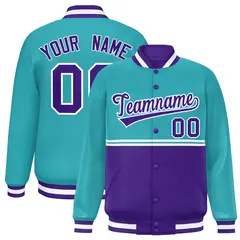 Aqua Purple Color Block Varsity Full-Snap Letterman Jacket