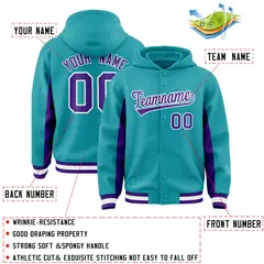 Aqua Purple Color Block Varsity Letterman Hoodie Jacket 4