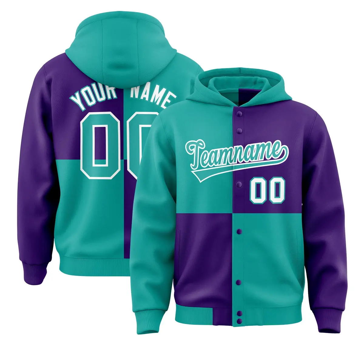 Aqua Purple Color Block Varsity Letterman Jacket Hoodie