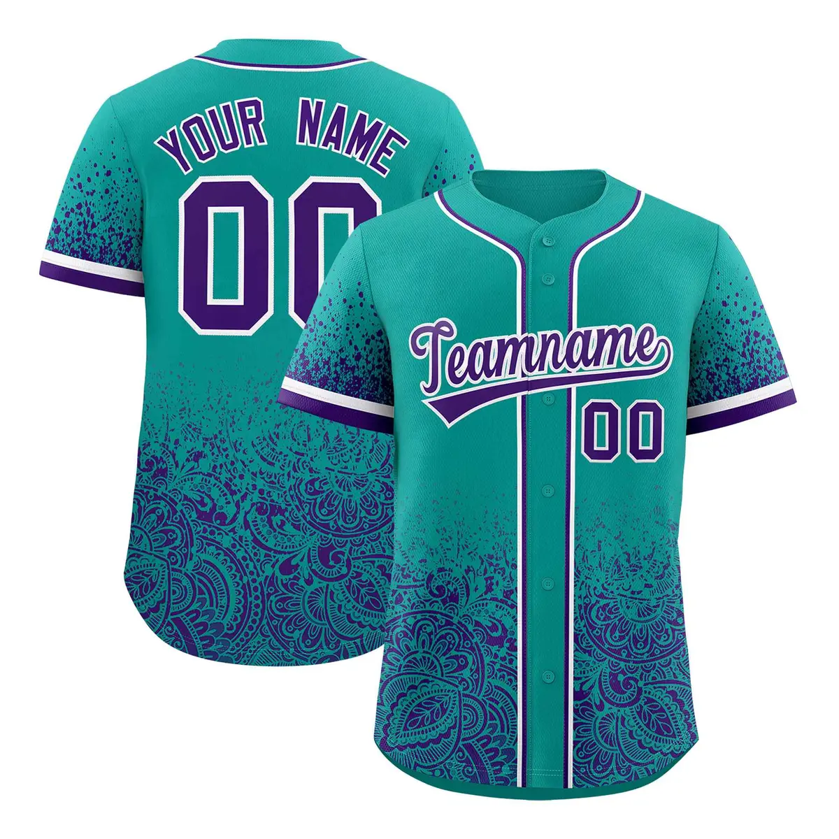 Aqua Purple Floral Gradient Full Button Baseball Jersey
