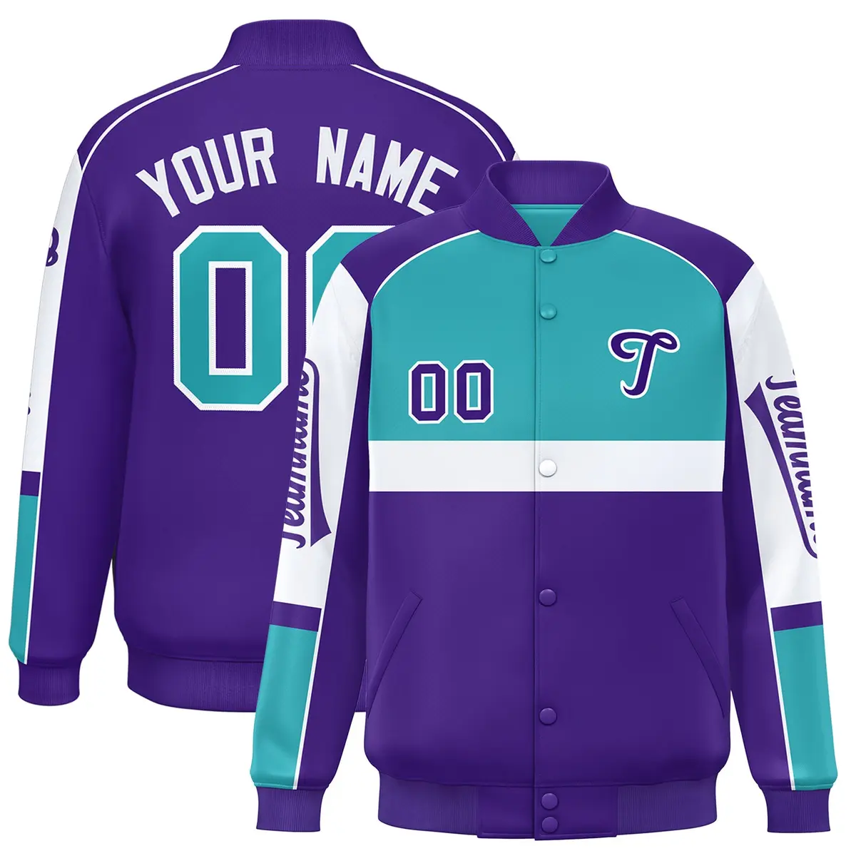 Aqua Purple Full-Snap Raglan Varsity Letterman Jacket
