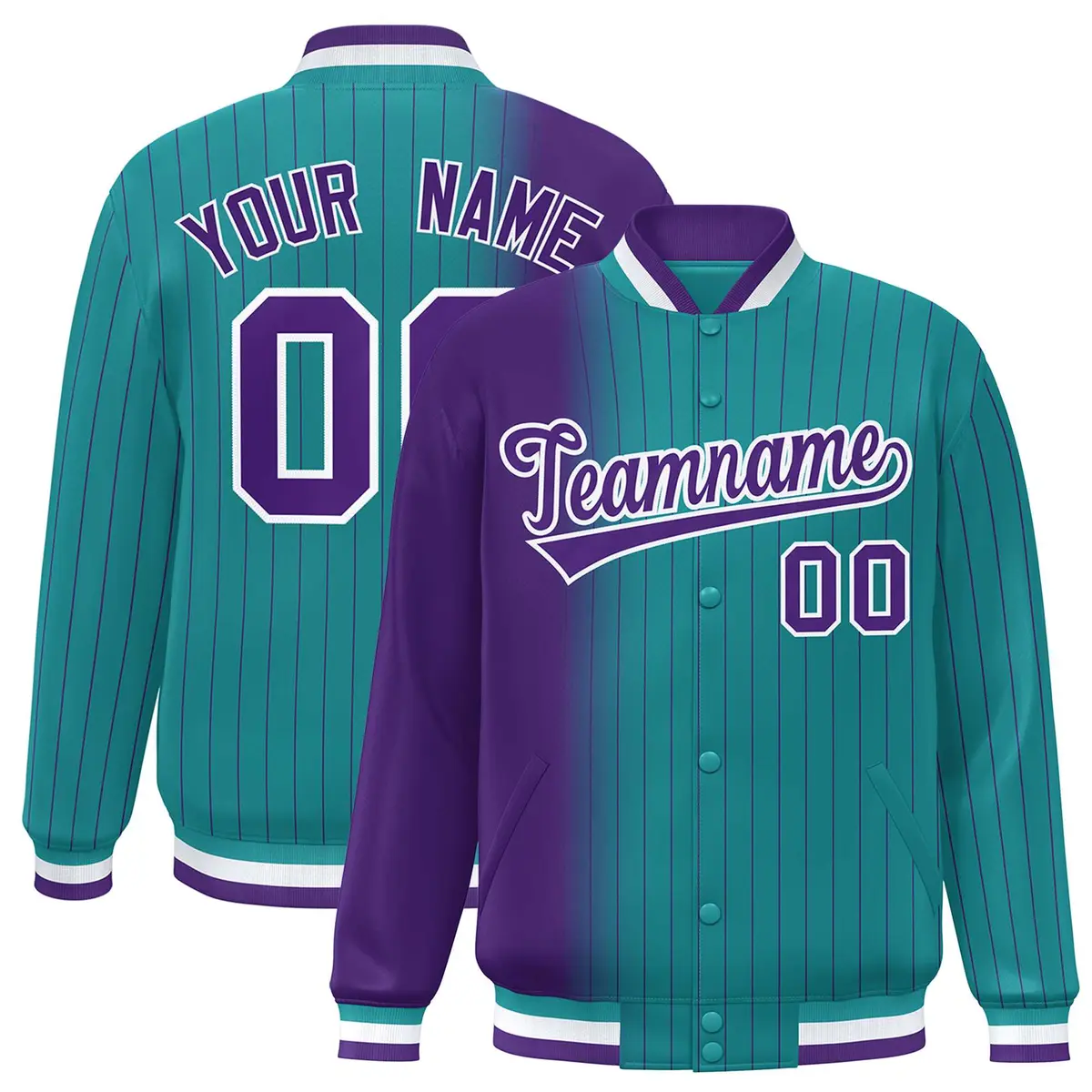 Aqua Purple Gradient Pinstripe Varsity Full-Snap Baseball Jacket