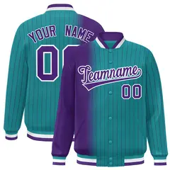 Aqua Purple Gradient Pinstripe Varsity Full-Snap Baseball Jacket 1