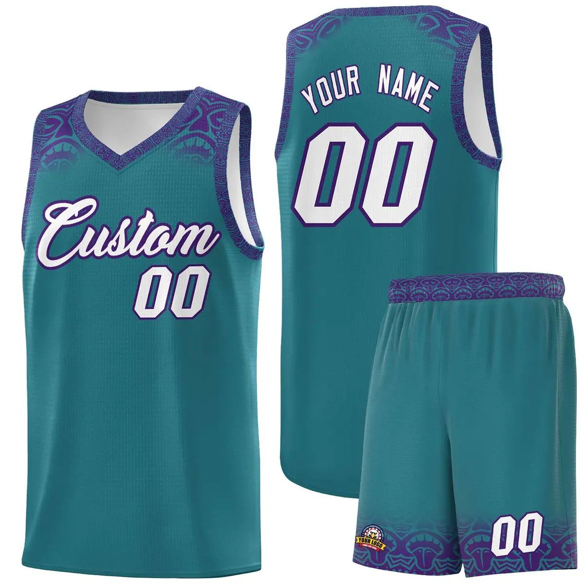 Aqua Purple Indians Print Sports Basketball Uniform Jersey