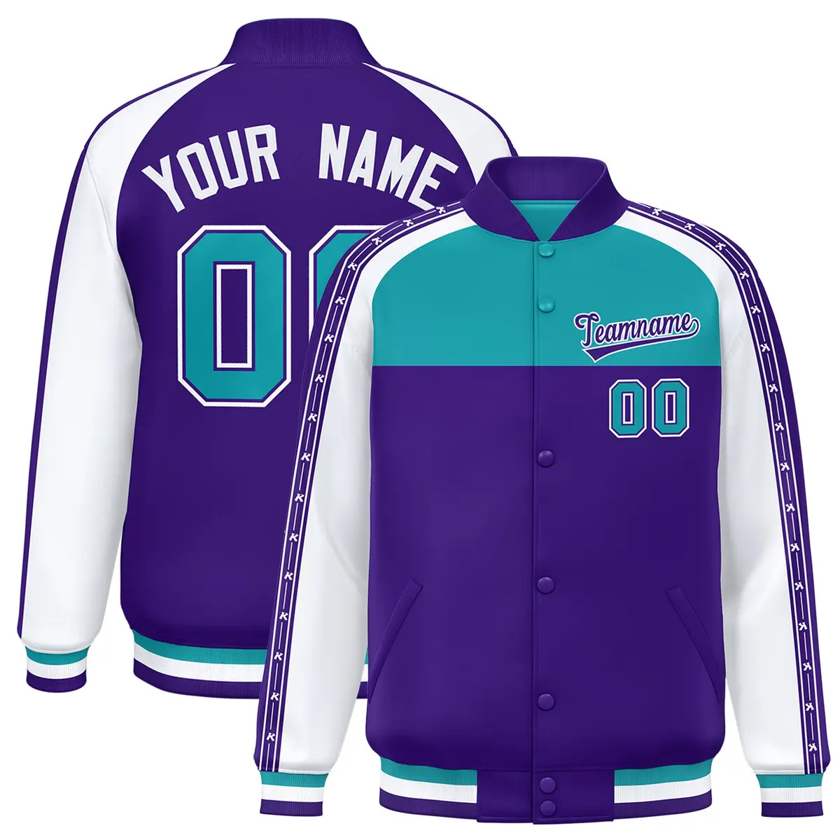 Aqua Purple K-Ribbon Raglan Color Block Full-Snap Letterman Jacket