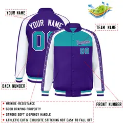Aqua Purple K-Ribbon Raglan Color Block Full-Snap Letterman Jacket 2