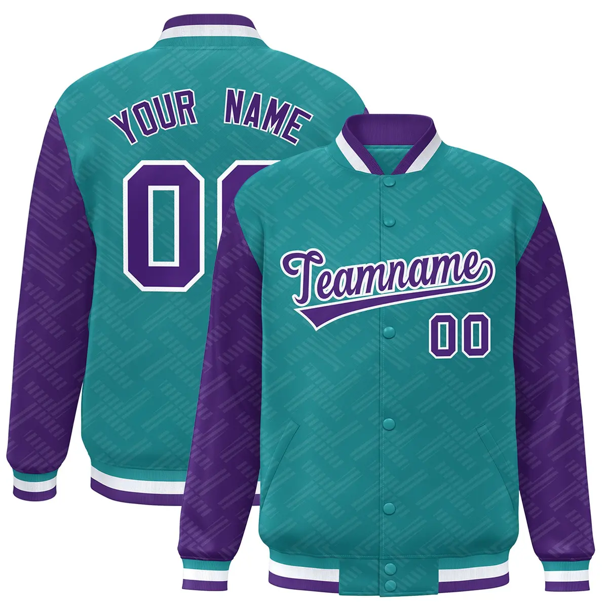 Aqua Purple L Pattern Raglan Sleeves Full-Snap Varsity Letterman Jacket