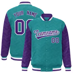 Aqua Purple L Pattern Raglan Sleeves Full-Snap Varsity Letterman Jacket