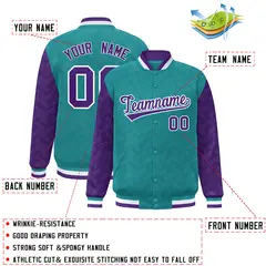 Aqua Purple L Pattern Raglan Sleeves Full-Snap Varsity Letterman Jacket 2