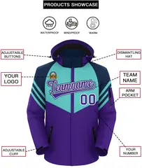 Aqua Purple-Navy Color Block Hooded Waterproof Jacket 2