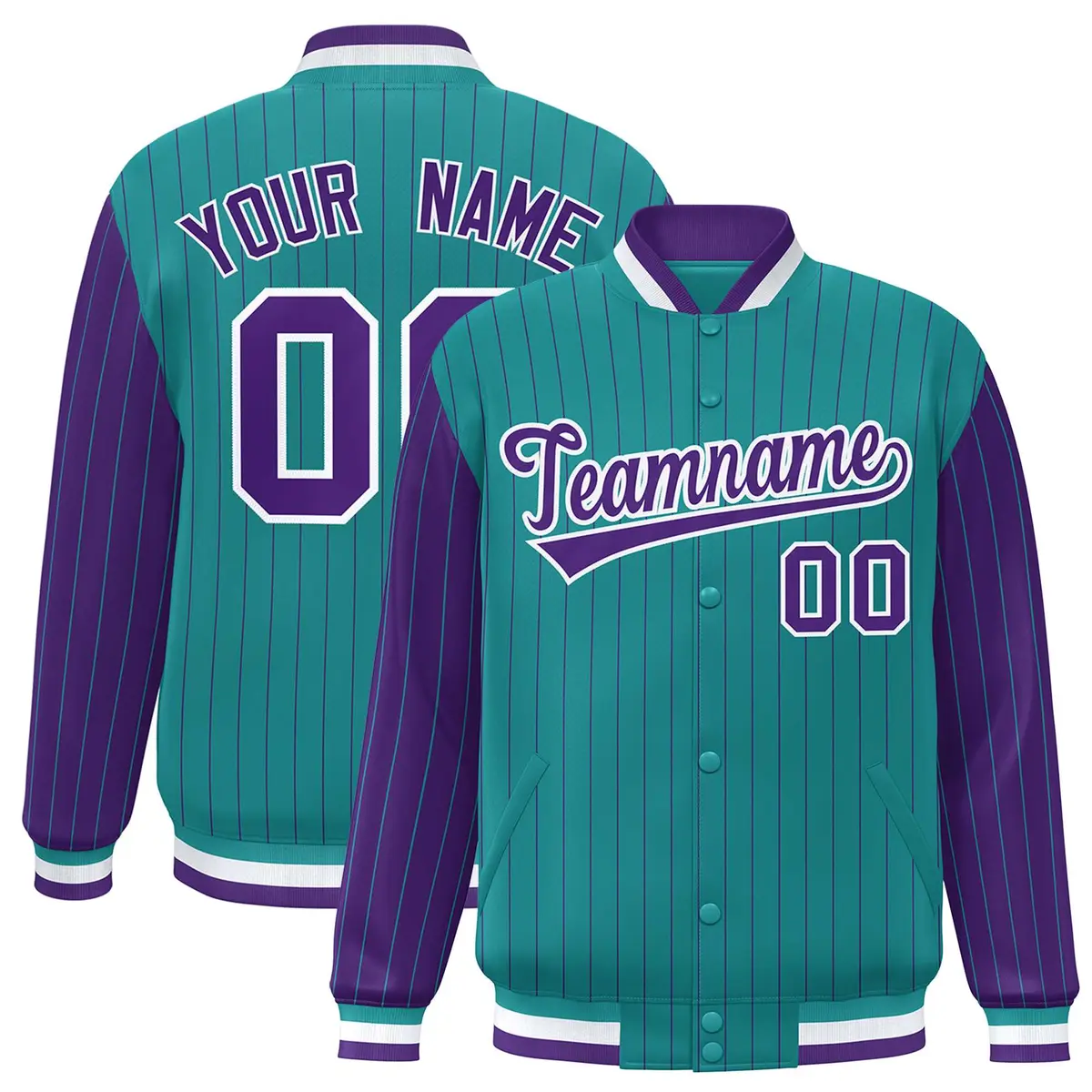Aqua Purple Pinstripe Raglan Varsity Letterman Baseball Jacket