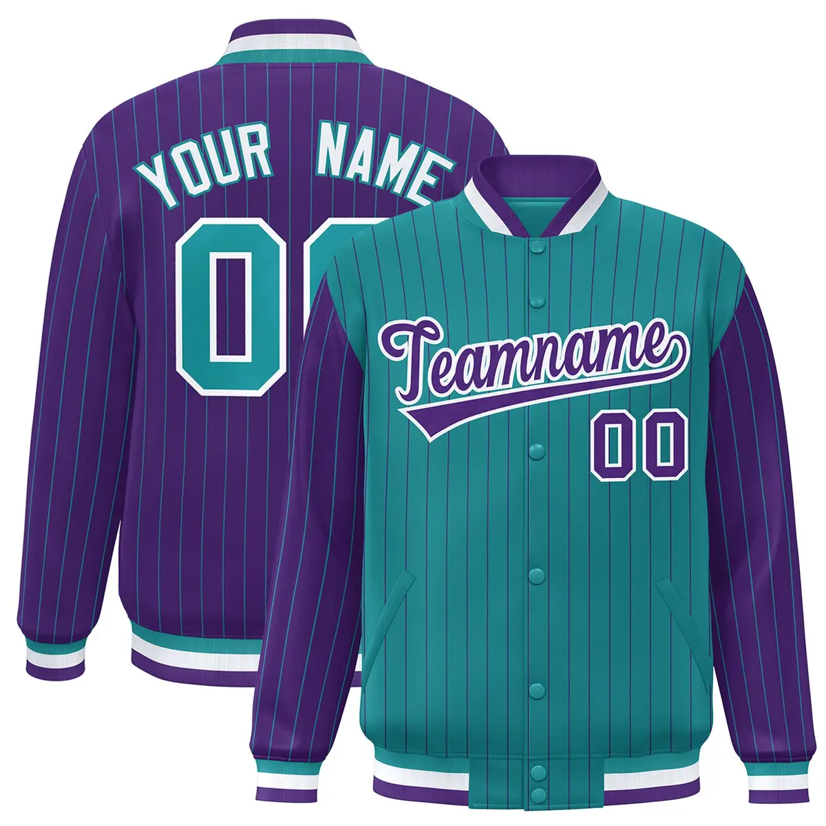 Aqua Purple Pinstripe Raglan Varsity Letterman Baseball Jacket