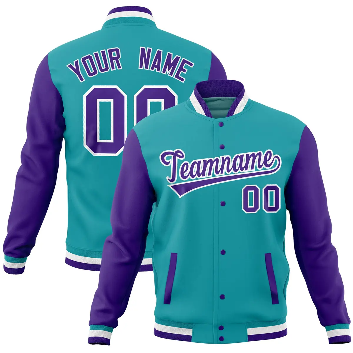 Aqua Purple Raglan Full-Snap Varsity Letterman Baseball Jacket
