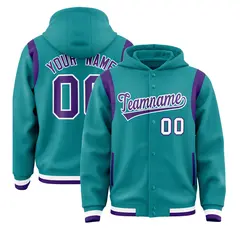 Aqua Purple Shoulder Color Block Varsity Letterman Jacket Hoodie