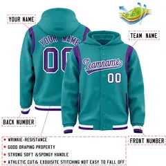 Aqua Purple Shoulder Color Block Varsity Letterman Jacket Hoodie 4