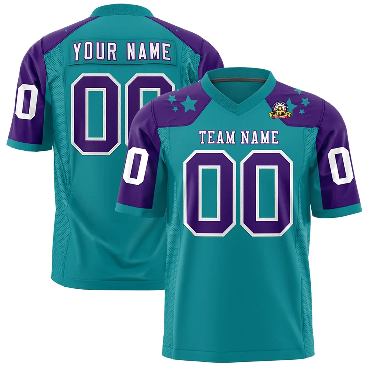 Aqua Purple Shoulder Star Pattern Flag Football Jersey