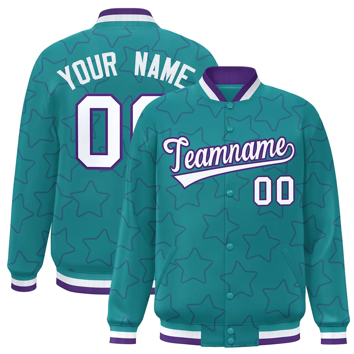 Aqua Purple Star Pattern Varsity Letterman Baseball Jacket
