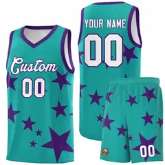 Aqua Purple Star Print Graffiti Basketball Jersey Sets