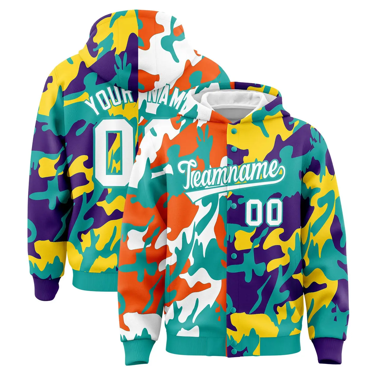 Aqua Purple Two Tone Full-Snap Varsity Letterman Jacket Hoodie