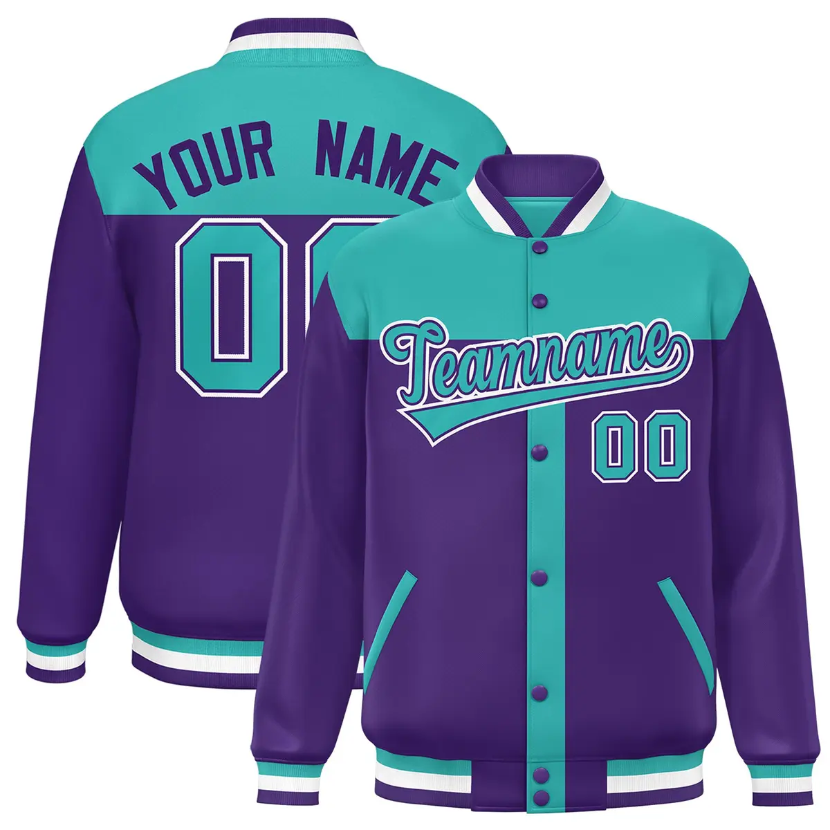 Aqua Purple Varsity Baseball Color Block Bomber Jacket