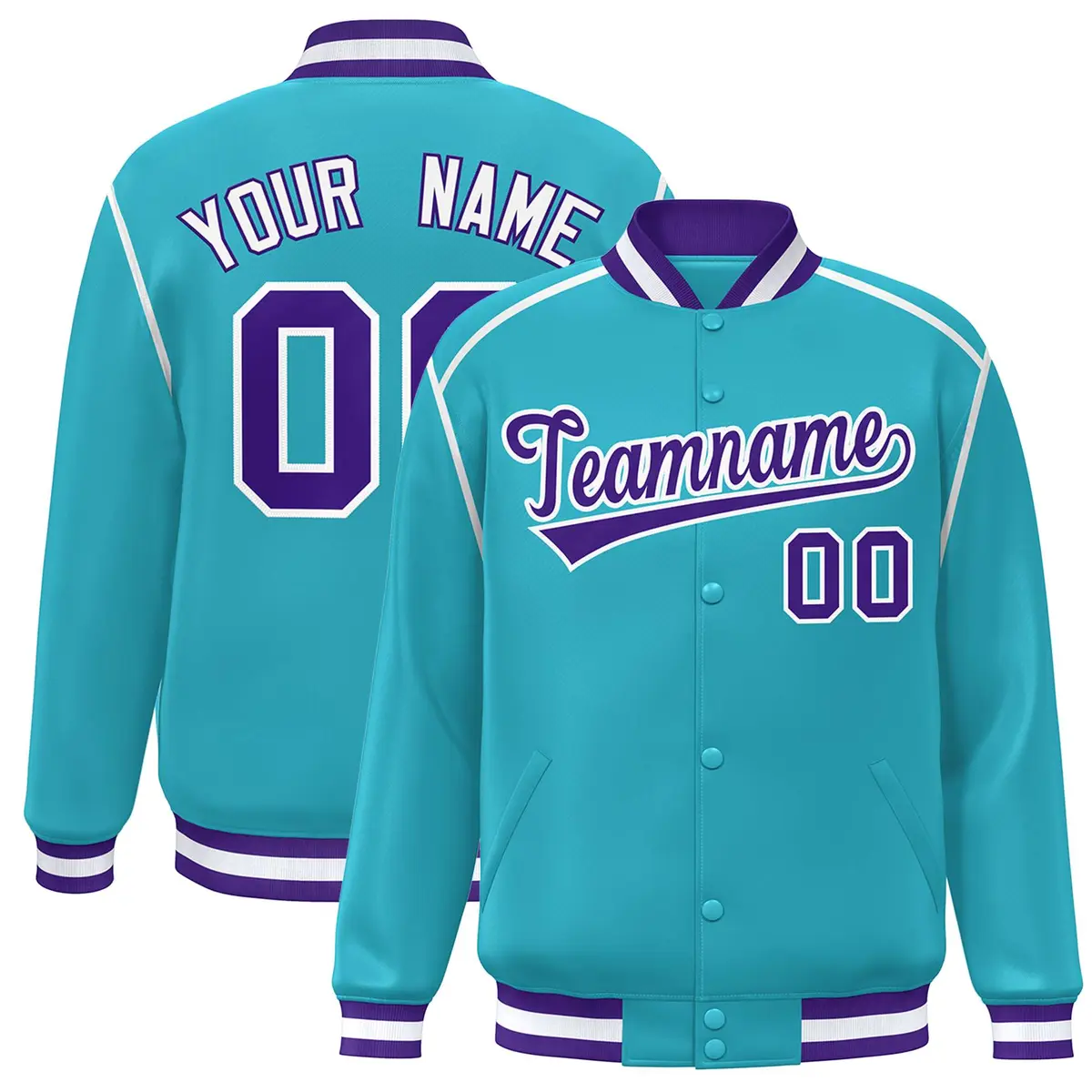 Aqua Purple-White Color Block Ribbon Varsity Full-Snap Bomber Jacket