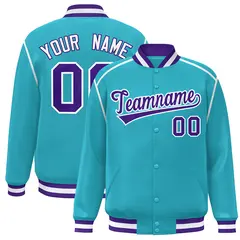 Aqua Purple-White Color Block Ribbon Varsity Full-Snap Bomber Jacket
